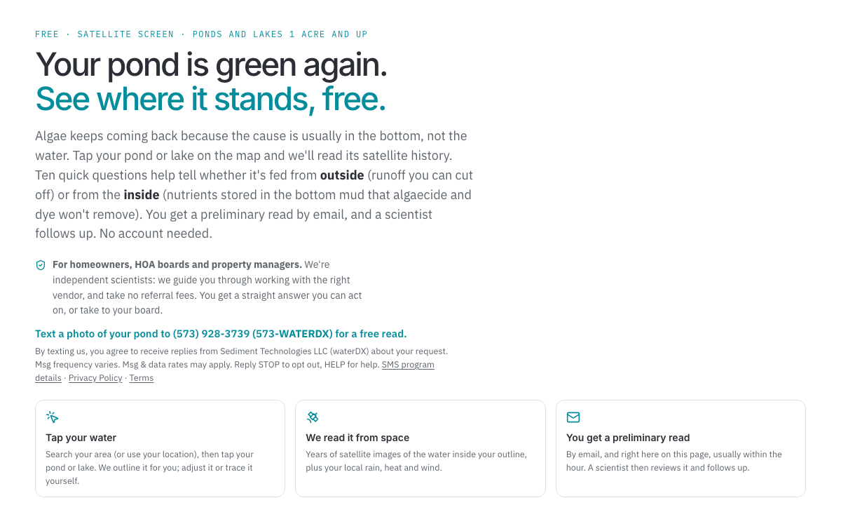 Screenshot of the call to action on waterdx.ai/free-read: "Text a photo of your pond to (573) 928-3739 for a free read." followed by "By texting us, you agree to receive replies from Sediment Technologies LLC (waterDX) about your request. Msg frequency varies. Msg & data rates may apply. Reply STOP to opt out, HELP for help." and links to the Privacy Policy and Terms.